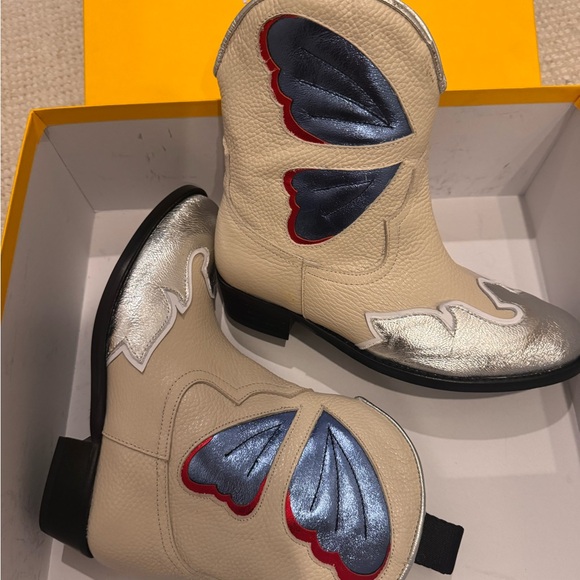 Kids Winged Leather Boots with Silver and Blue Accents